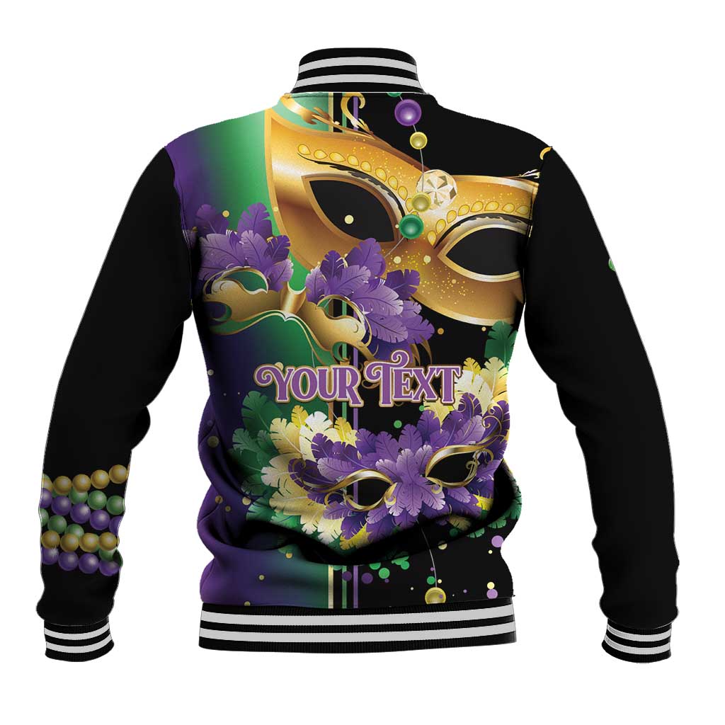 Black unisex baseball jacket back with purple and gold mask art and 'YOUR TEXT'