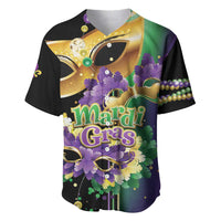 Colorful Mardi Gras baseball jersey with mask print, purple feathers and Mardi Gras text