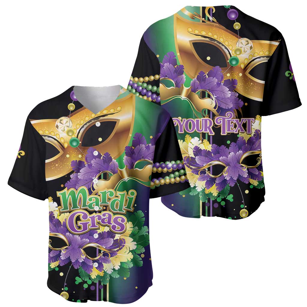 Pair of Mardi Gras baseball jerseys with mask-feather graphics—Mardi Gras text and YOUR TEXT
