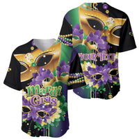 Pair of Mardi Gras baseball jerseys with mask-feather graphics—Mardi Gras text and YOUR TEXT
