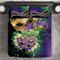 Purple and black Mardi Gras duvet cover with gold mask, flowers, and 2 pillowcases