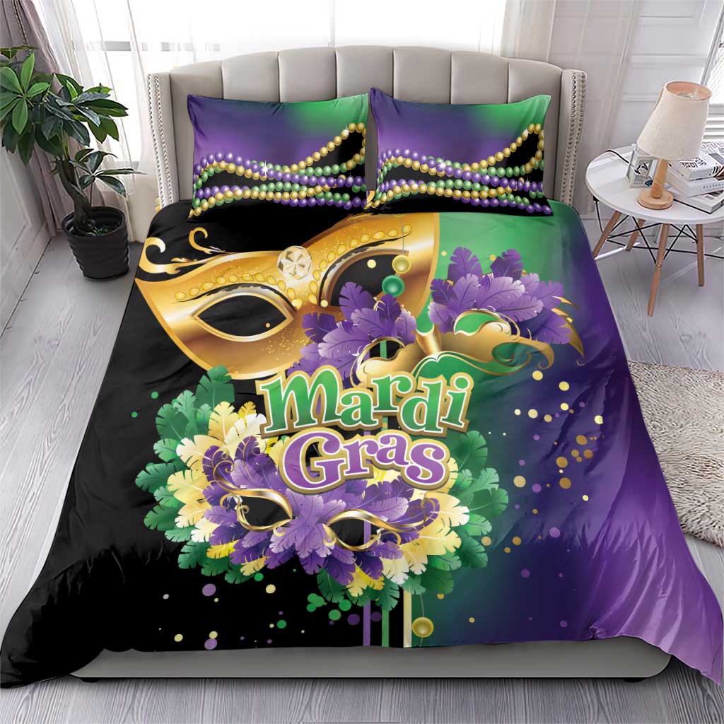 Mardi Gras bedding set: purple and black duvet cover with mask, flowers, and 2 pillows