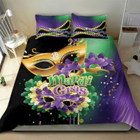 Purple and black Mardi Gras duvet cover with gold mask, floral design, and 2 pillowcases