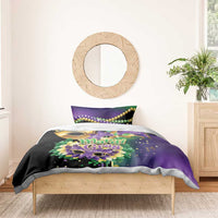 Mardi Gras duvet cover set with purple and black mask-and-flower design and 2 pillowcases