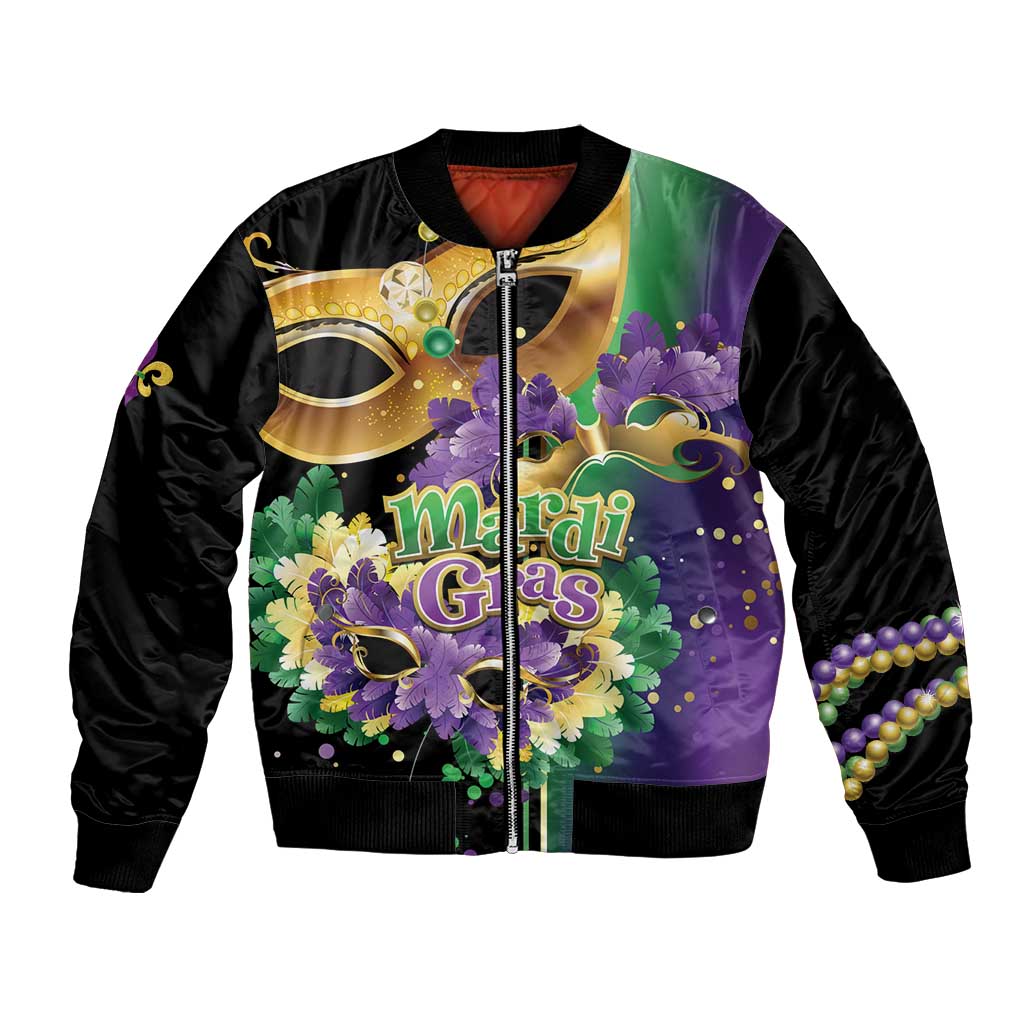 Mardi Gras bomber jacket with colorful feather and fleur-de-lis mask artwork, full-zip front