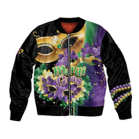Mardi Gras bomber jacket with colorful feather and fleur-de-lis mask artwork, full-zip front
