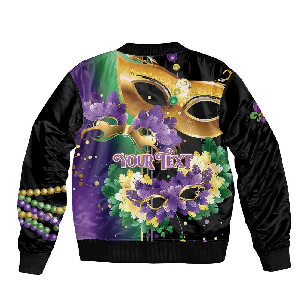 Mardi Gras bomber jacket with purple and gold masks, feather wreath, and 'YOUR TEXT' print