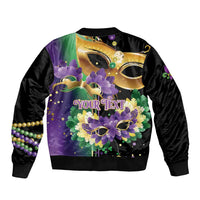 Mardi Gras bomber jacket with purple and gold masks, feather wreath, and 'YOUR TEXT' print