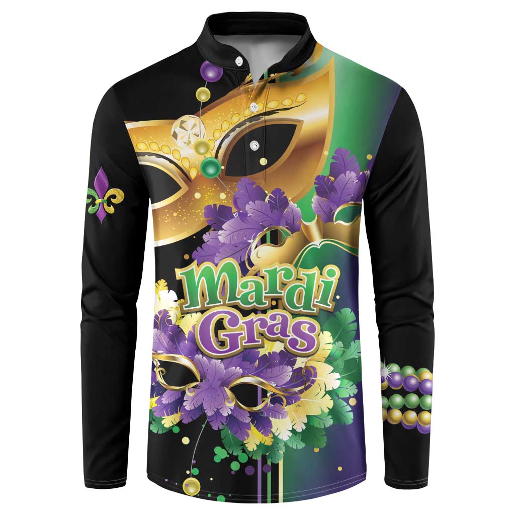 Black button sweatshirt with Mardi Gras graphic, purple feathers, gold masks and beads