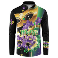 Black button sweatshirt with Mardi Gras graphic, purple feathers, gold masks and beads