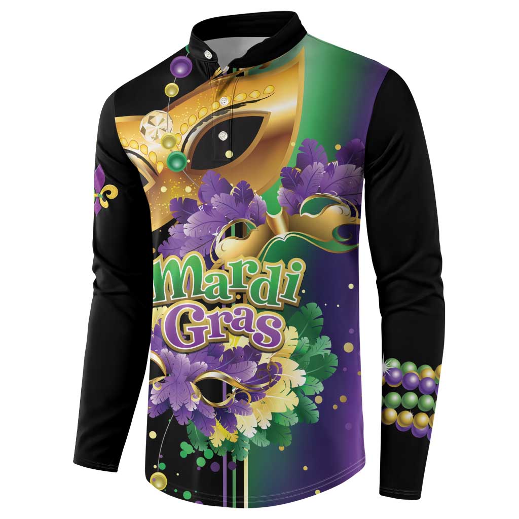 Black button sweatshirt with Mardi Gras logo, purple feathers and gold mask artwork