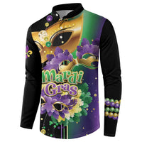 Black button sweatshirt with Mardi Gras logo, purple feathers and gold mask artwork