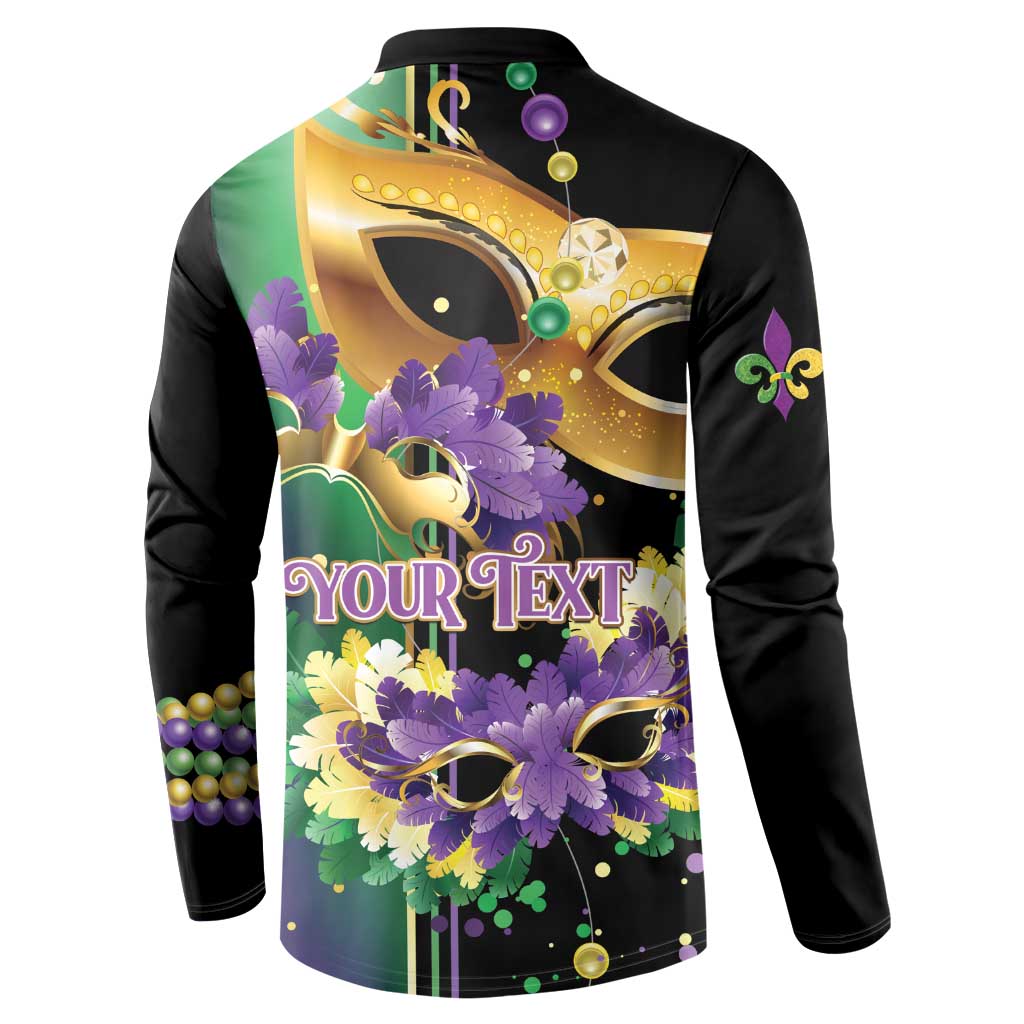 Black back button sweatshirt with purple feather and gold mask design, 'YOUR TEXT'