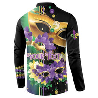 Black back button sweatshirt with purple feather and gold mask design, 'YOUR TEXT'