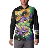 Black Mardi Gras button sweatshirt with colorful feather and mask print, front view on model