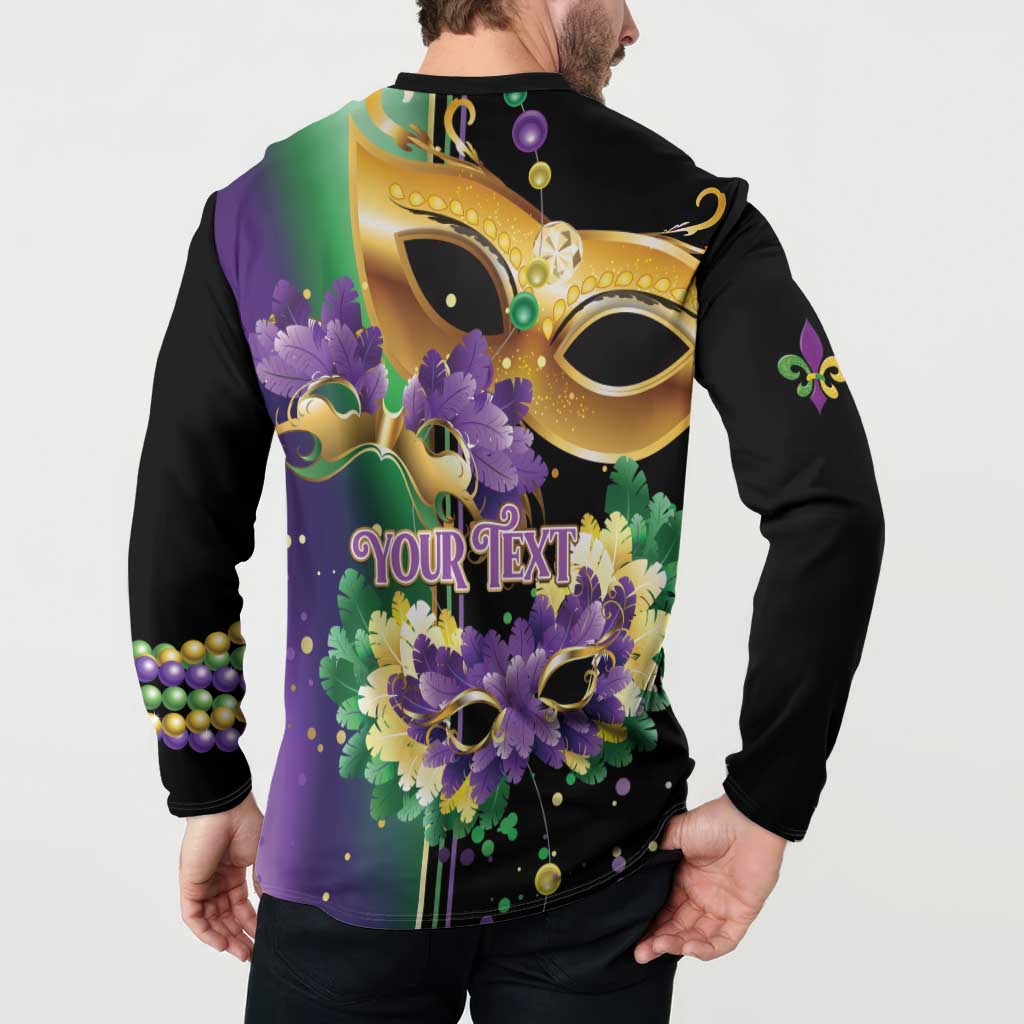 Black back button sweatshirt on model with 'YOUR TEXT' and purple feather mask graphic