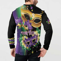 Black back button sweatshirt on model with 'YOUR TEXT' and purple feather mask graphic