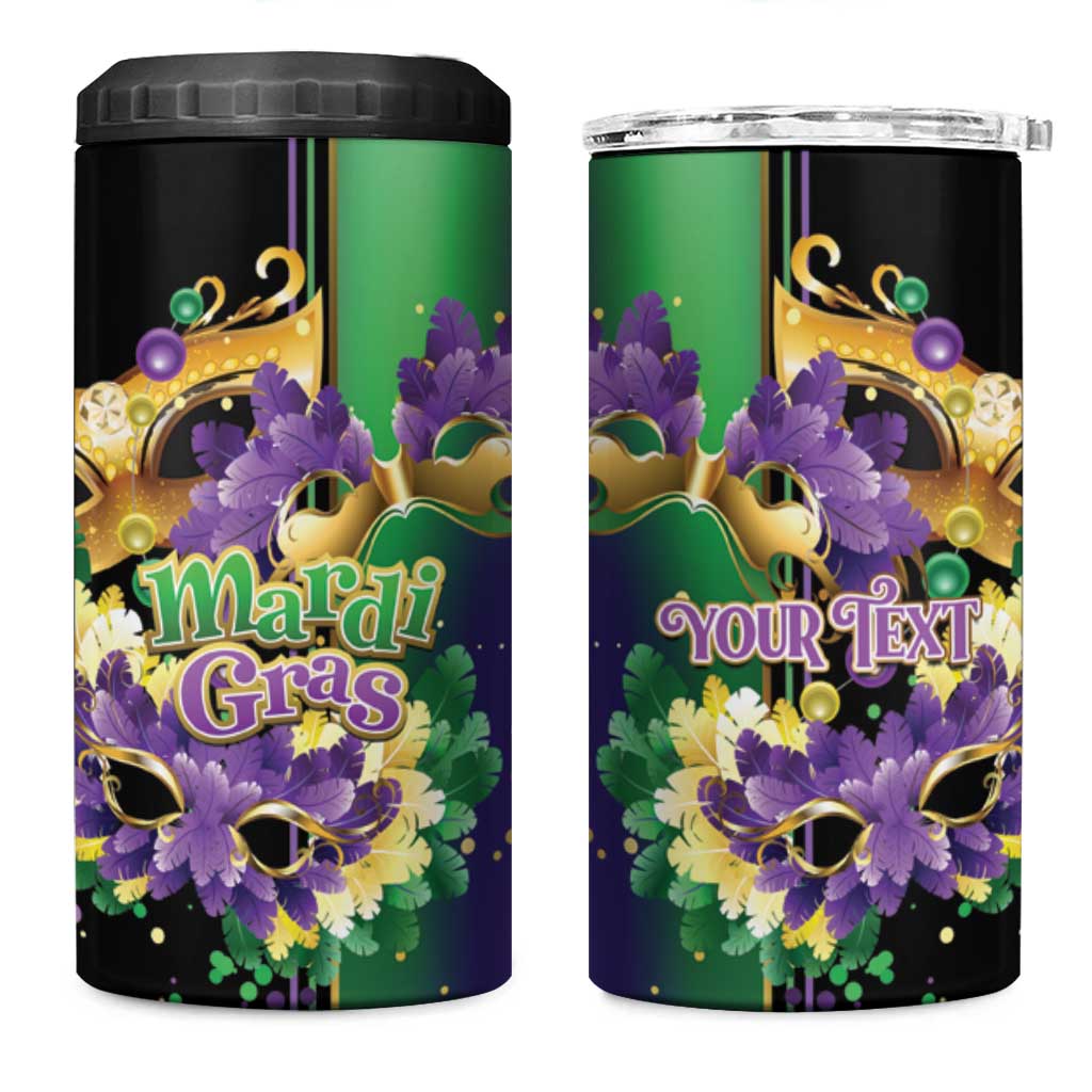 Personalized Mardi Gras 4 in 1 Can Cooler Tumbler Carnival Feathers Masks