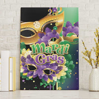 Colorful Mardi Gras canvas wall art with gold masquerade masks, purple and green feathers, "Mardi Gras" text