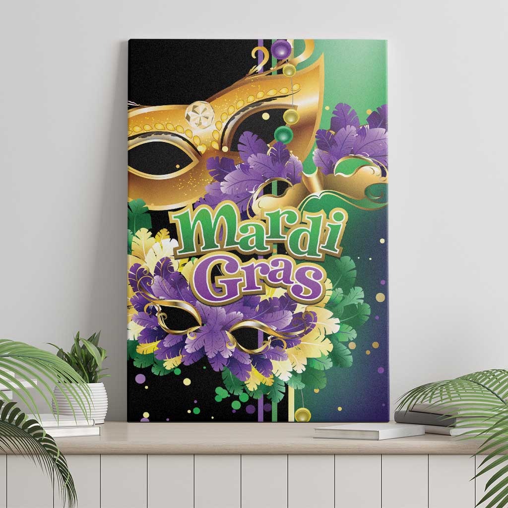 Colorful Mardi Gras canvas wall art featuring gold eye mask accents and purple feather floral design