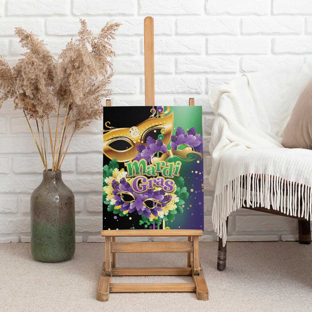Colorful Mardi Gras canvas wall art on easel with gold masks, purple flowers, green scroll accents