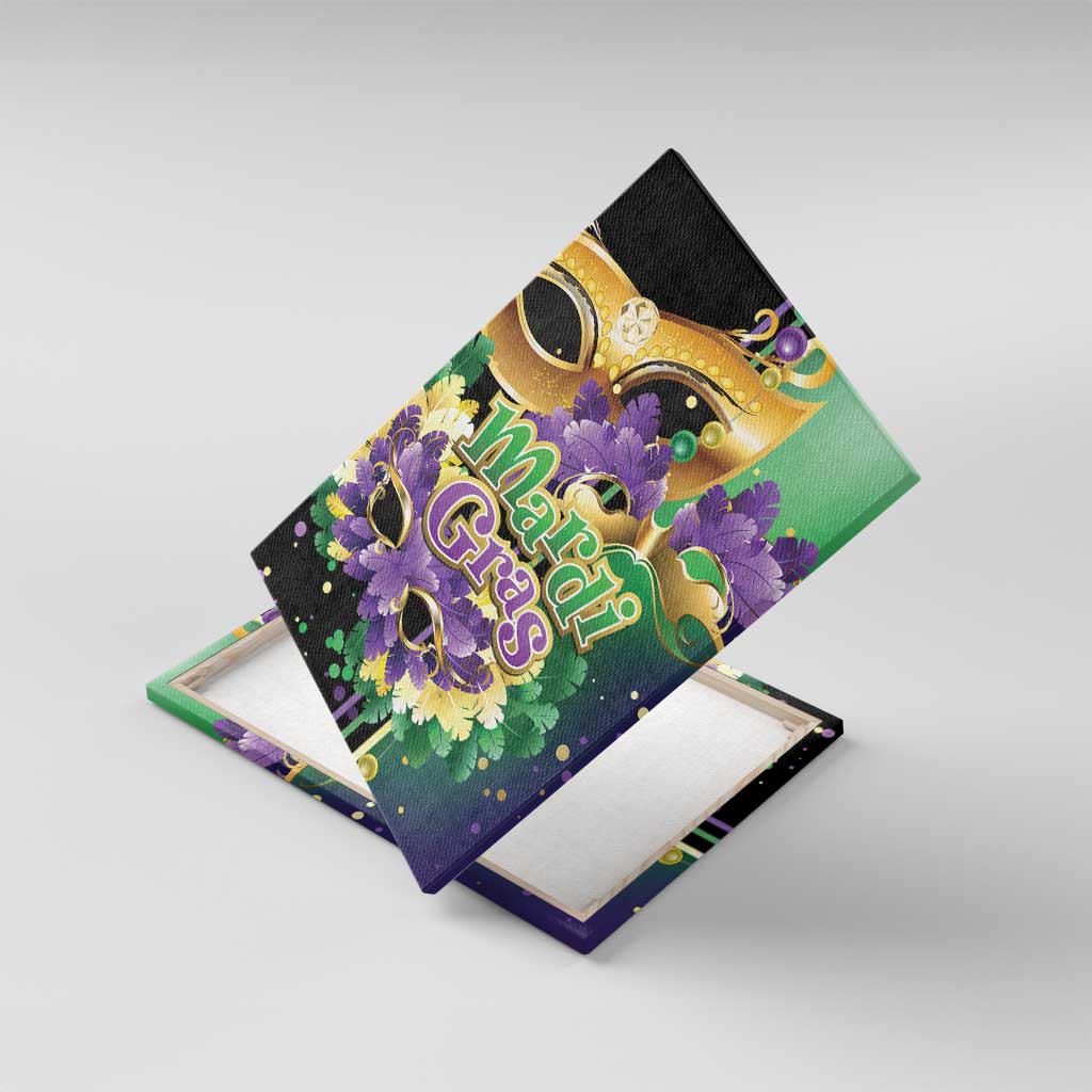 Mardi Gras canvas wall art with purple feather flowers, gold mask details, and colorful "Mardi Gras" lettering
