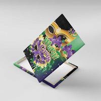Mardi Gras canvas wall art with purple feather flowers, gold mask details, and colorful "Mardi Gras" lettering