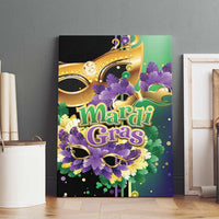 Colorful Mardi Gras framed canvas wall art with gold masks, purple and green feathered wreath