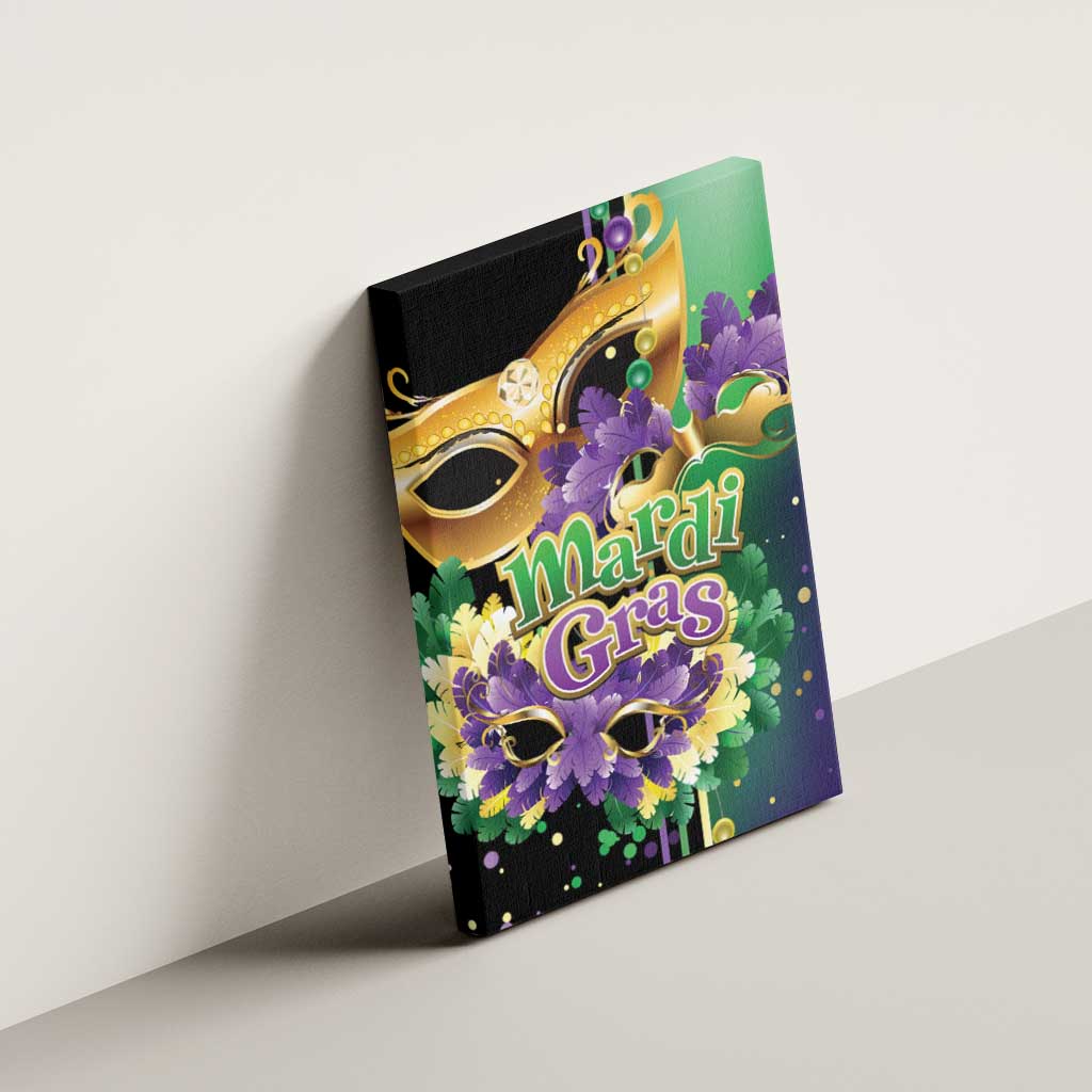Colorful Mardi Gras canvas wall art mounted on wall with gold mask outlines and purple feather accents