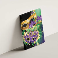 Colorful Mardi Gras canvas wall art mounted on wall with gold mask outlines and purple feather accents