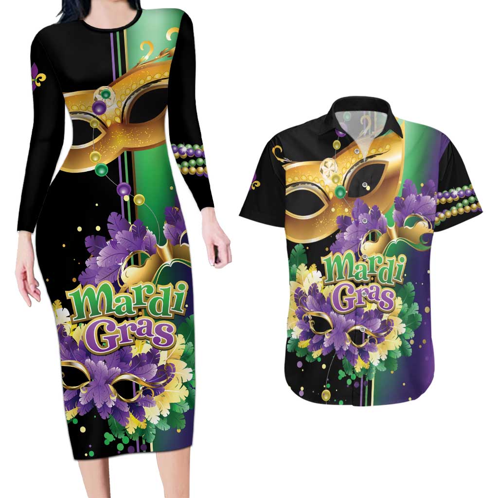 Personalized Mardi Gras Couples Matching Long Sleeve Bodycon Dress and Hawaiian Shirt Carnival Feathers Masks