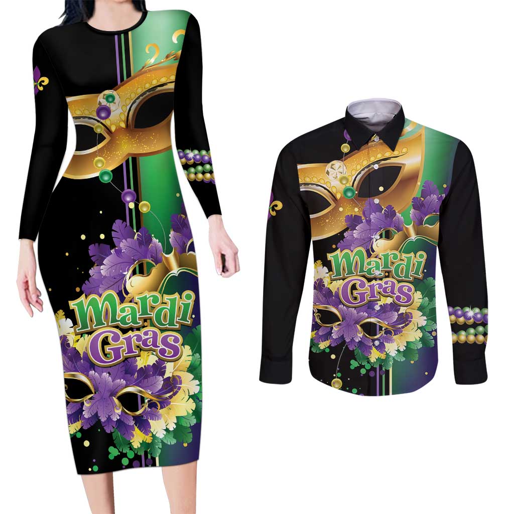 Personalized Mardi Gras Couples Matching Long Sleeve Bodycon Dress and Long Sleeve Button Shirt Carnival Feathers Masks