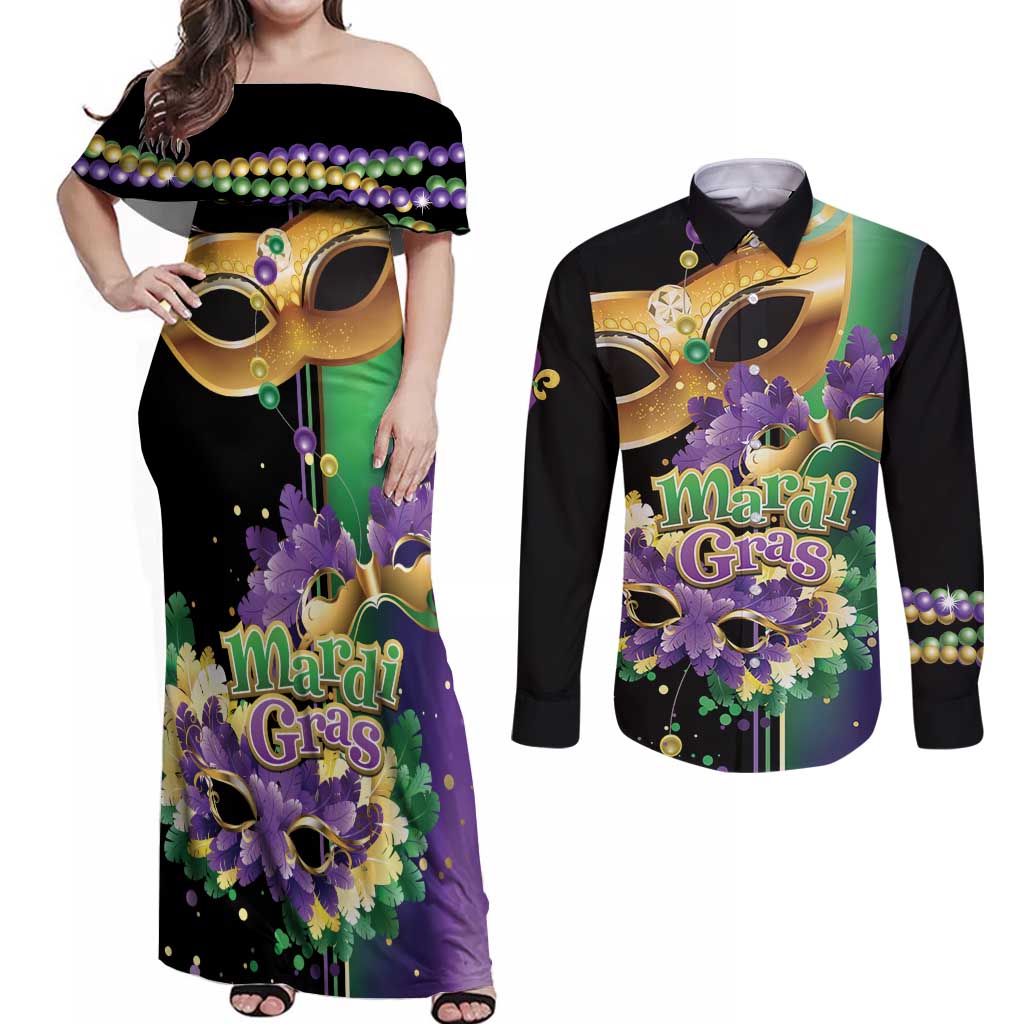 Personalized Mardi Gras Couples Matching Off Shoulder Maxi Dress and Long Sleeve Button Shirt Carnival Feathers Masks