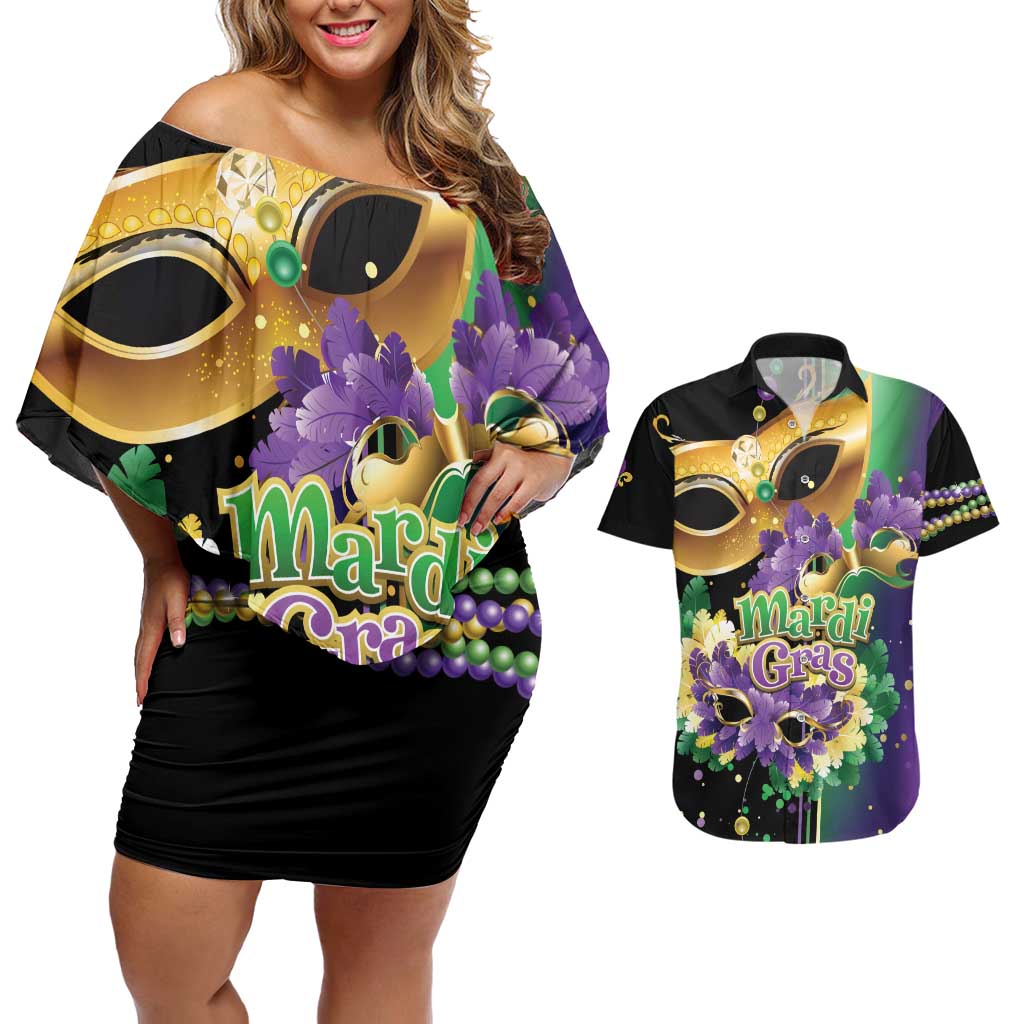 Personalized Mardi Gras Couples Matching Off Shoulder Short Dress and Hawaiian Shirt Carnival Feathers Masks