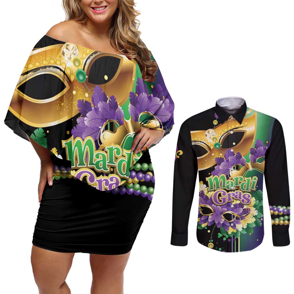 Personalized Mardi Gras Couples Matching Off Shoulder Short Dress and Long Sleeve Button Shirt Carnival Feathers Masks