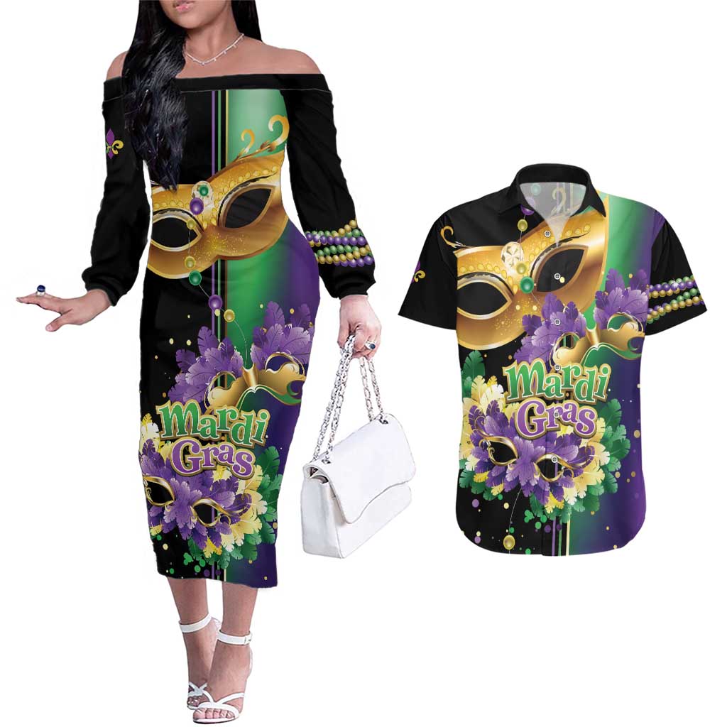 Personalized Mardi Gras Couples Matching Off The Shoulder Long Sleeve Dress and Hawaiian Shirt Carnival Feathers Masks