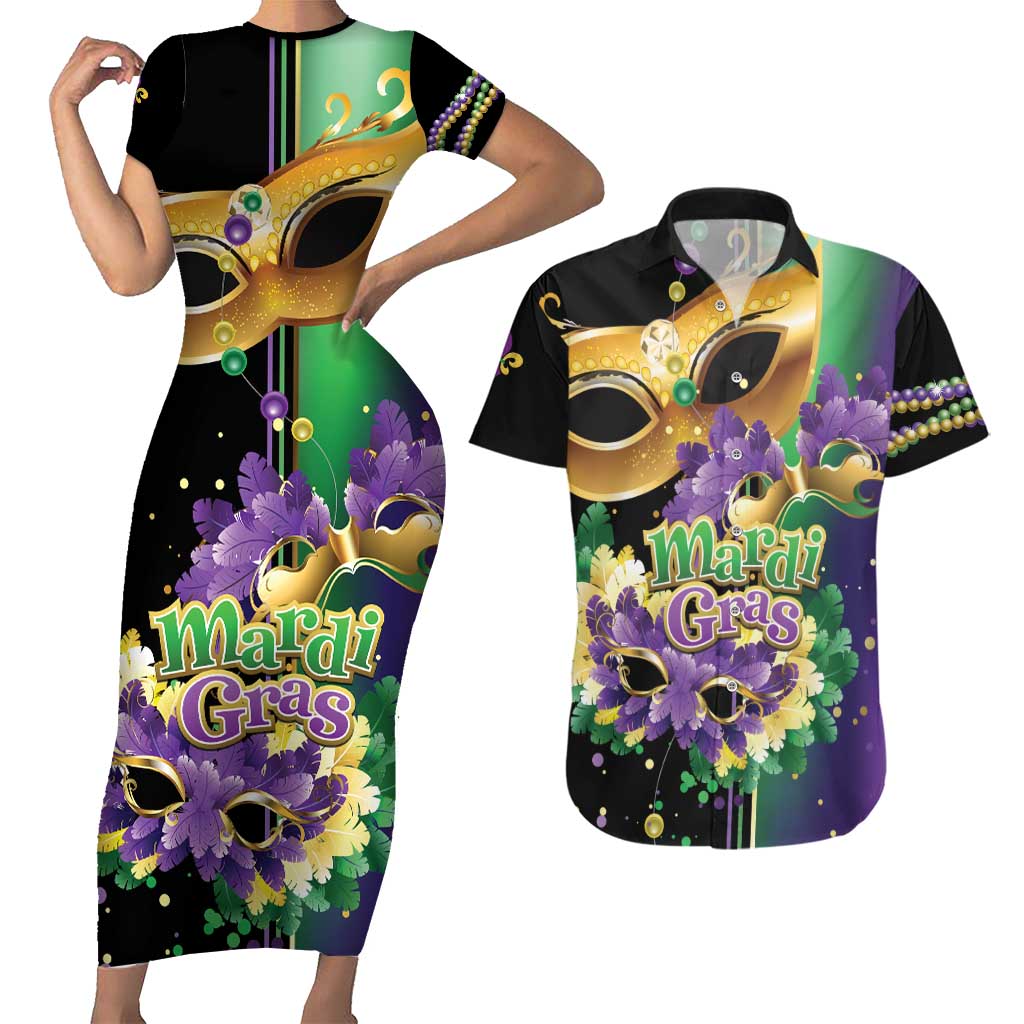 Personalized Mardi Gras Couples Matching Short Sleeve Bodycon Dress and Hawaiian Shirt Carnival Feathers Masks