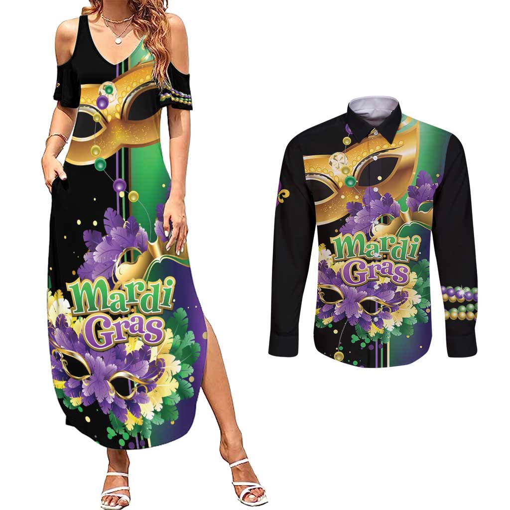 Personalized Mardi Gras Couples Matching Summer Maxi Dress and Long Sleeve Button Shirt Carnival Feathers Masks