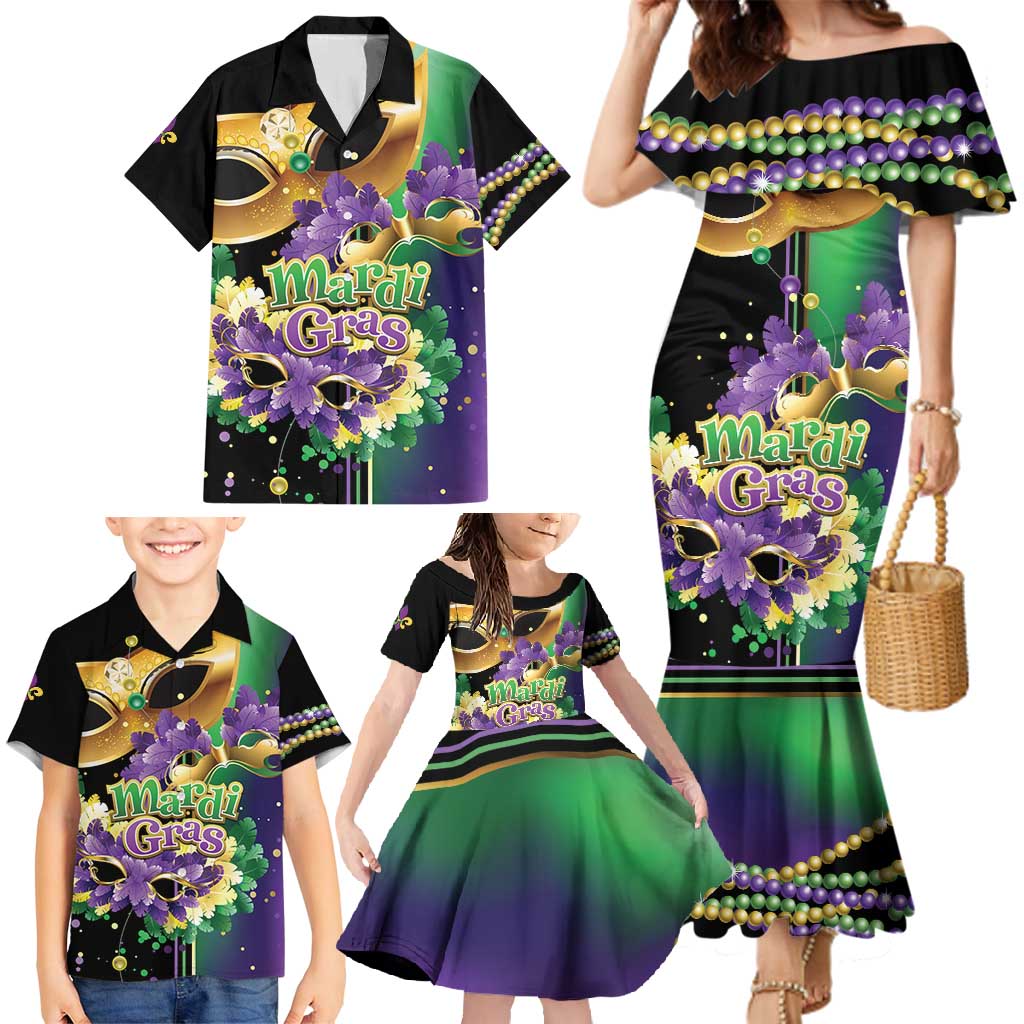 Personalized Mardi Gras Family Matching Mermaid Dress and Hawaiian Shirt Carnival Feathers Masks