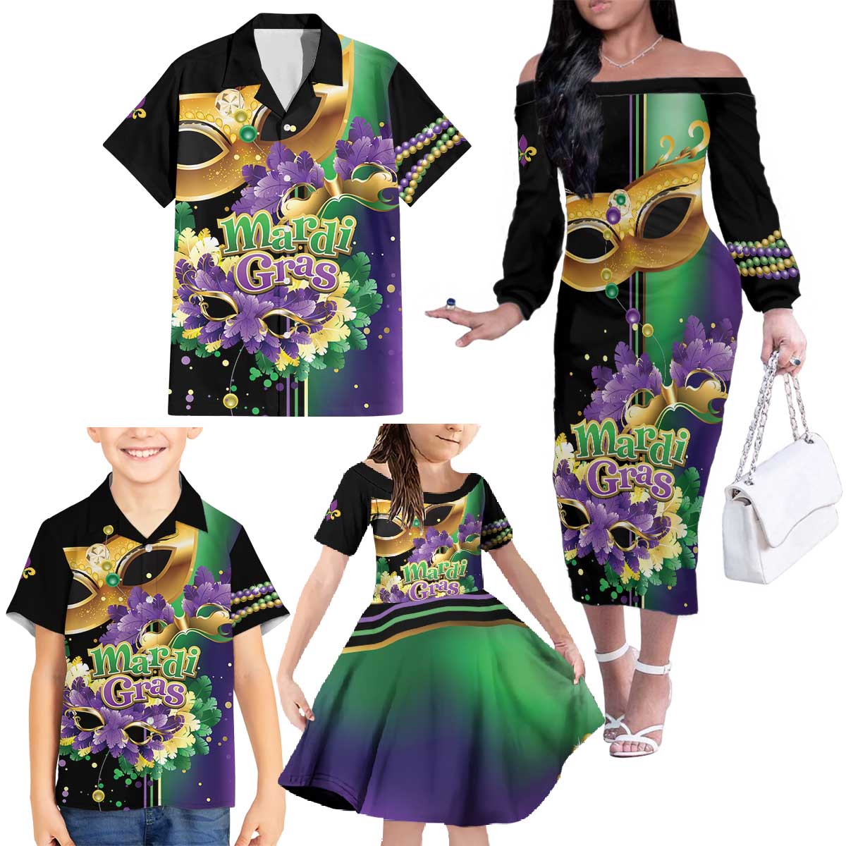 Personalized Mardi Gras Family Matching Off The Shoulder Long Sleeve Dress and Hawaiian Shirt Carnival Feathers Masks