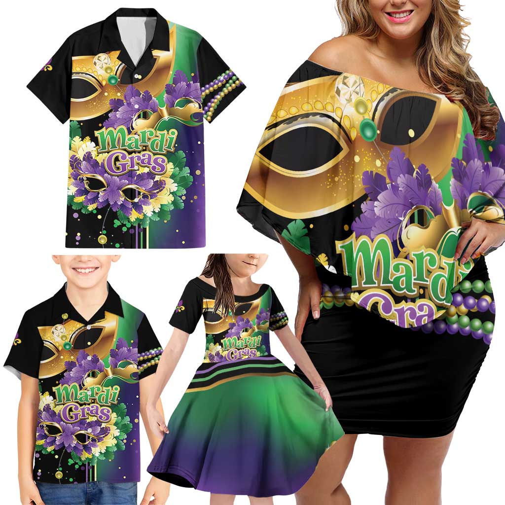 Personalized Mardi Gras Family Matching Off Shoulder Short Dress and Hawaiian Shirt Carnival Feathers Masks