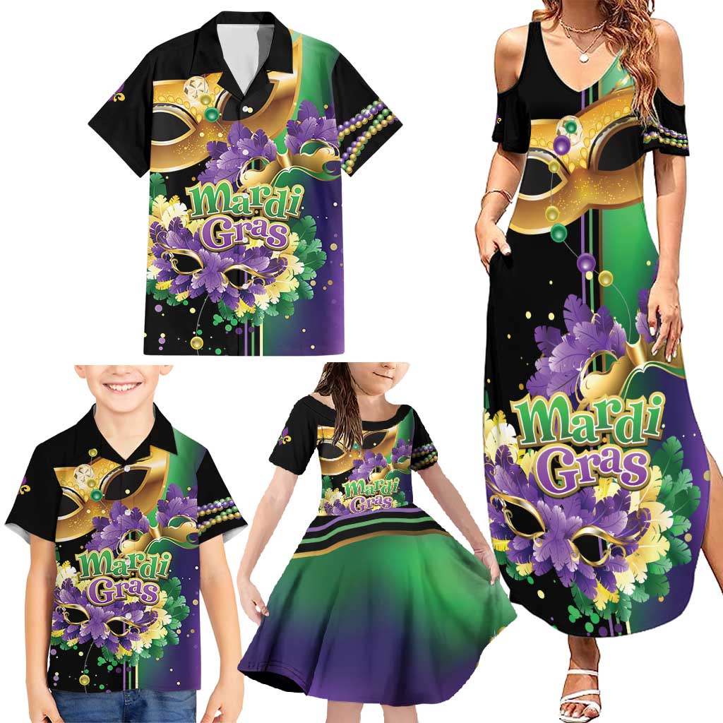 Personalized Mardi Gras Family Matching Summer Maxi Dress and Hawaiian Shirt Carnival Feathers Masks