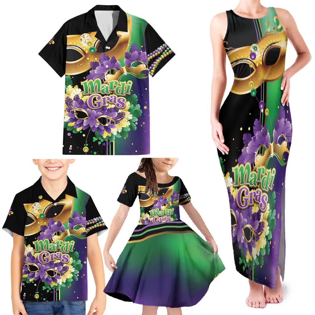 Personalized Mardi Gras Family Matching Tank Maxi Dress and Hawaiian Shirt Carnival Feathers Masks