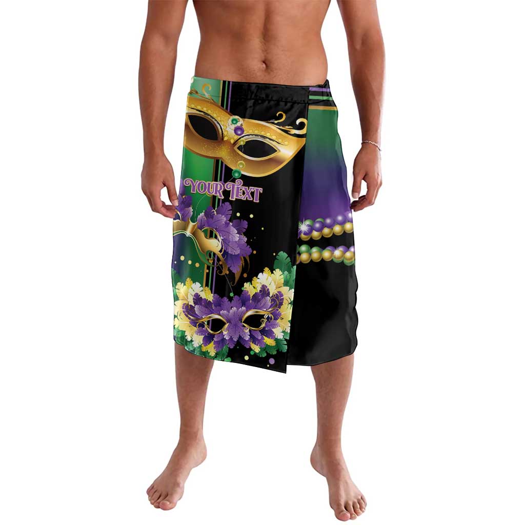 Mardi Gras wrap skirt with gold mask and purple feather flowers, personalized text