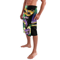 Mardi Gras wrap skirt with mask graphic, purple floral accents, and bead trim border