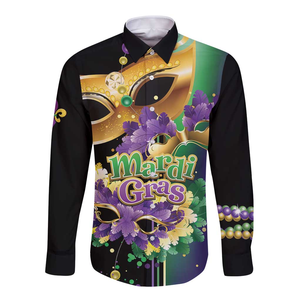 Black long-sleeve button shirt with Mardi Gras mask graphic in purple and gold florals