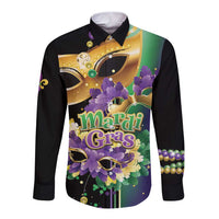 Black long-sleeve button shirt with Mardi Gras mask graphic in purple and gold florals