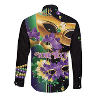 Black long-sleeve button shirt with Mardi Gras mask graphic and “YOUR TEXT” banner