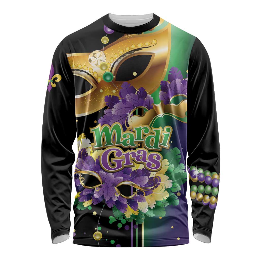 Black long sleeve shirt with Mardi Gras mask, purple and gold feathers graphic