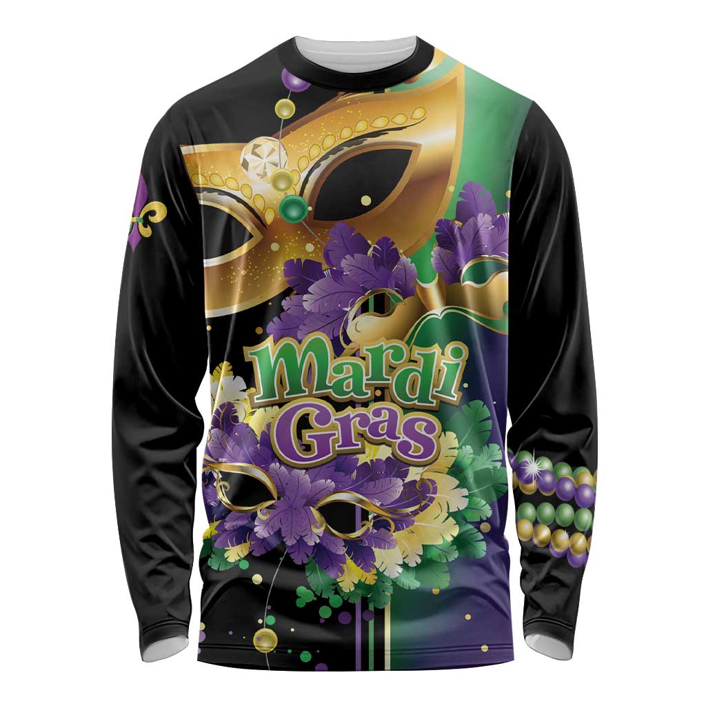 Personalized Mardi Gras Long Sleeve Shirt Carnival Feathers Masks - Wonder Print Shop